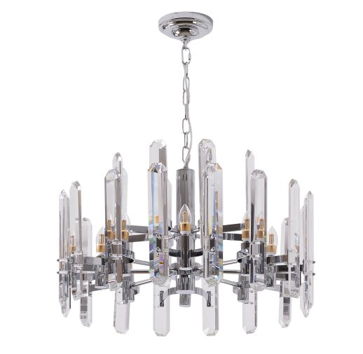 Canada 12 Light Chrome Frame Chandelier with Clear Crystal Plaques by Bethel International 