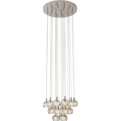 Canada 23 Light Polished Nickel Flushed Chandelier with Hanging Clear Crystal Pendants by Bethel International