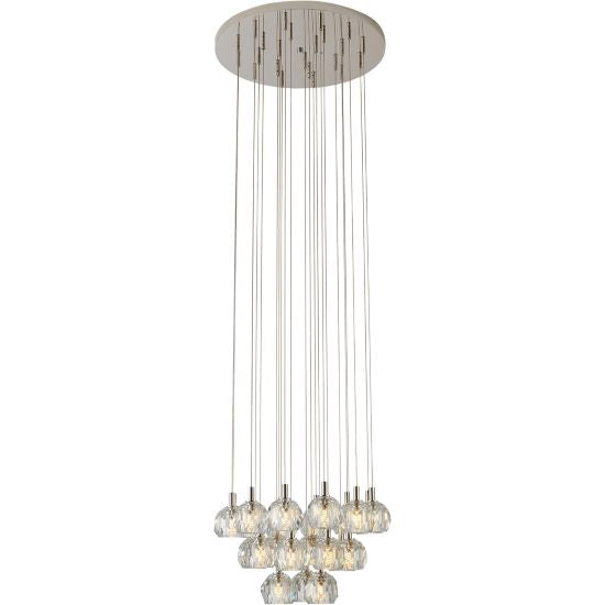 Canada 23 Light Polished Nickel Flushed Chandelier with Hanging Clear Crystal Pendants by Bethel International