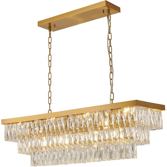 Canada 12 Light Rectangular Gold Frame Chandelier with Clear Hanging Crystals by Bethel International