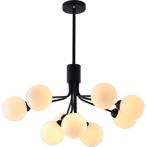 Canada 9 Light Black Metal Frame Chandelier with White Glass Globe Shades by Bethel International 