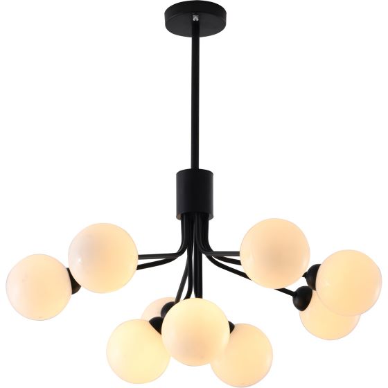 Canada 9 Light Black Metal Frame Chandelier with White Glass Globe Shades by Bethel International 