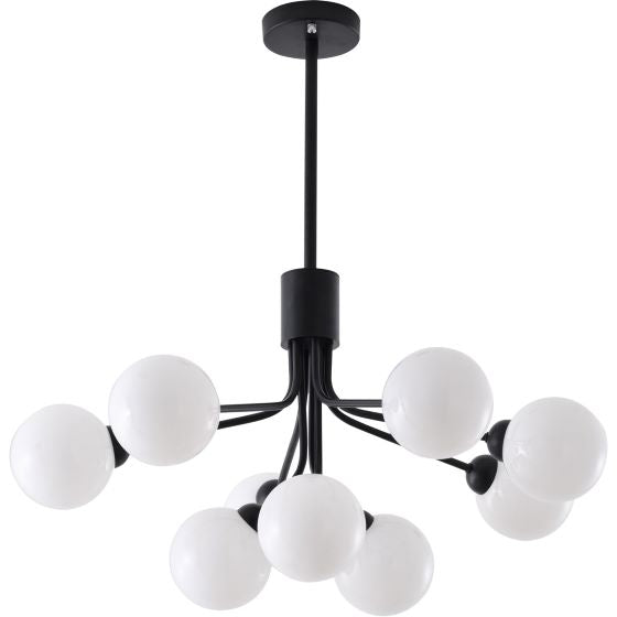 Canada 9 Light Black Metal Frame Chandelier with White Glass Globe Shades by Bethel International 