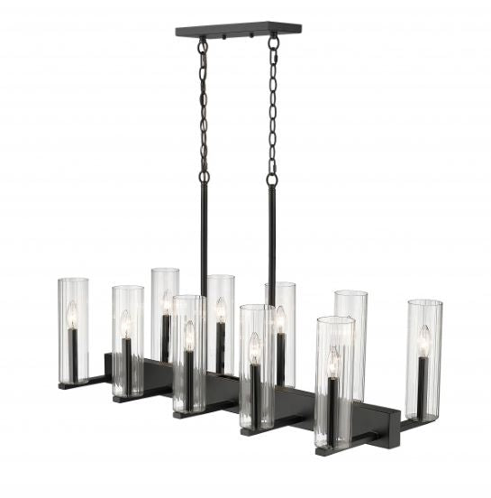 Canada 10 Light Matte Black Metal Frame Chandelier with Clear Ribbed Glass Shades by Bethel International 