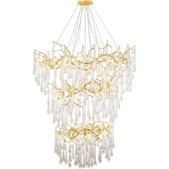 Canada 38 Light Three Tier Gold Aluminum Chandelier with Clear Glass Hanging Drops by Bethel International 