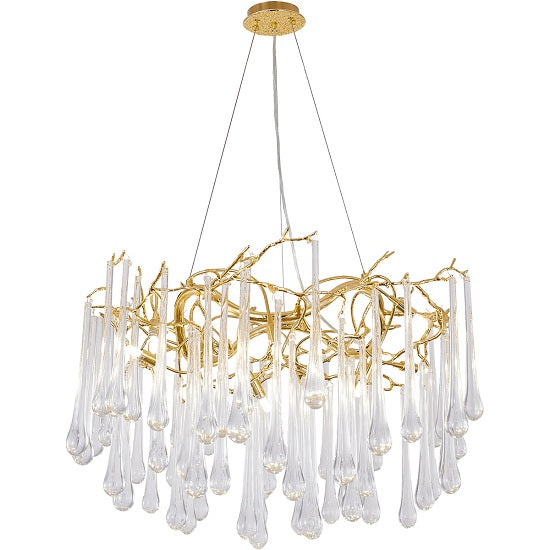 Canada 12 Light Gold Branch Chandelier with Clear Hanging Glass Drops by Bethel International 