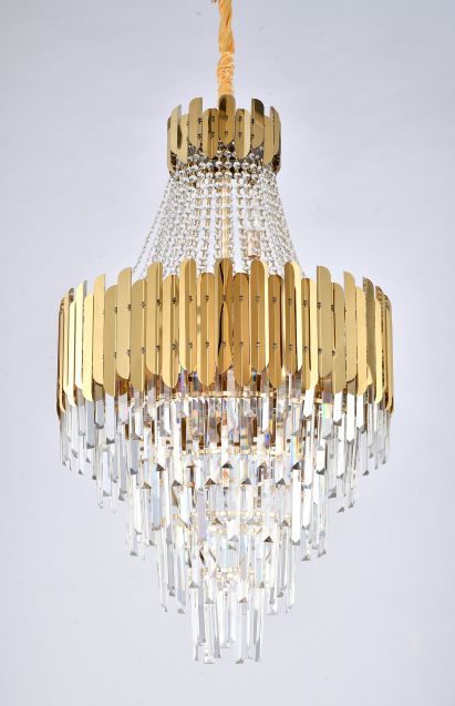 Canada 15 Light Gold Stainless Steel Frame Chandelier with Clear Hanging Crystals by Bethel International