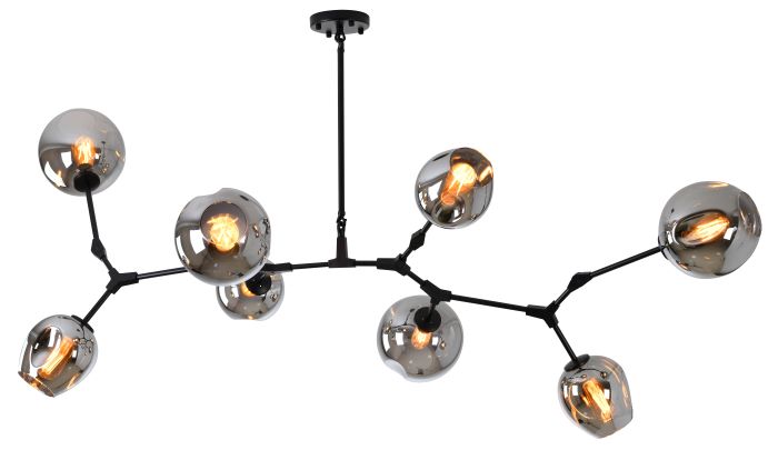 Canada 8 Light Matte Black Frame Chandelier with Dented Smoke Glass Shades by Bethel International 