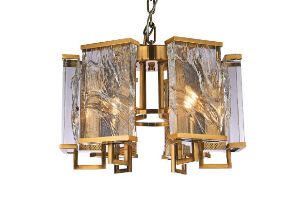 Canada 6 Light Brass Chandelier with Clear Distorted Crystal Plaques by Bethel International 