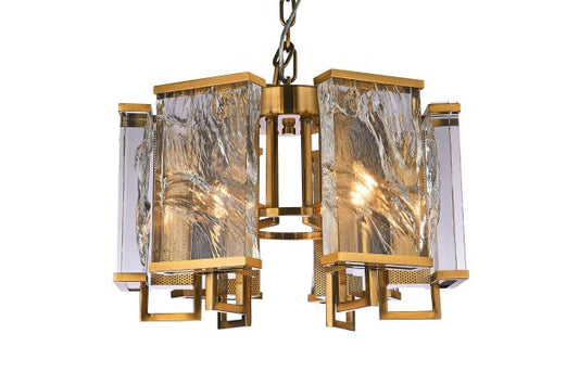 Canada 6 Light Brass Chandelier with Clear Distorted Crystal Plaques by Bethel International 