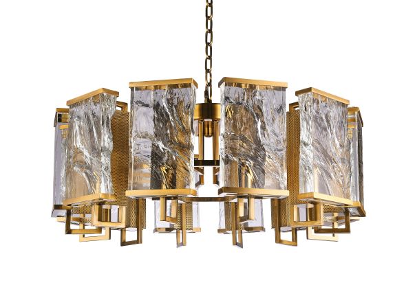 Canada 12 Light Brass Chandelier with Clear Distorted Crystal Plaques by Bethel International