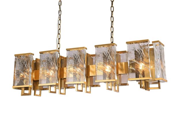 Canada 12 Light Brass Rectangular Chandelier with Clear Distorted Crystal Plaques by Bethel International