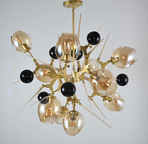 Canada 10 Light Gold Aluminum Chandelier with Amber Glass Shades and Spikes by Bethel International 