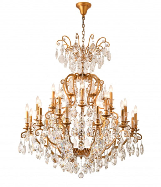 Canada 24 Light Three Tier Brass Chandelier with Clear Hanging Crystals by Bethel International 